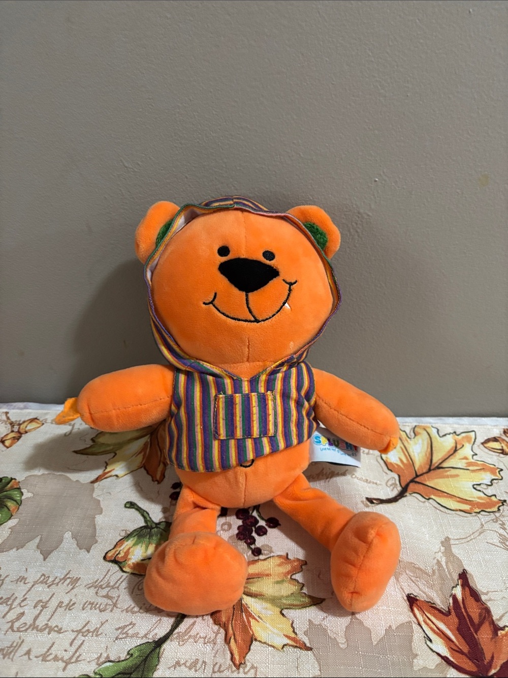Orange Plush Bear with Striped Hoodie - Kids Toy